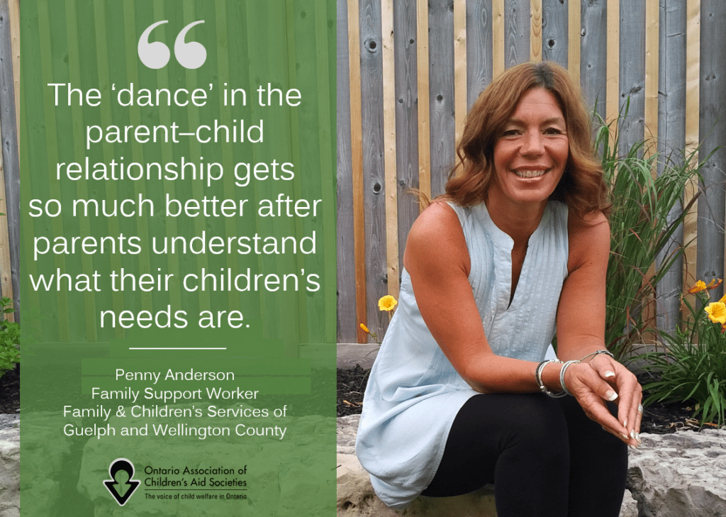 Penny Anderson smiling and sitting on outdoor rock bench. "The dance in the parent child relationship gets better after parents understand wht their children's needs are"